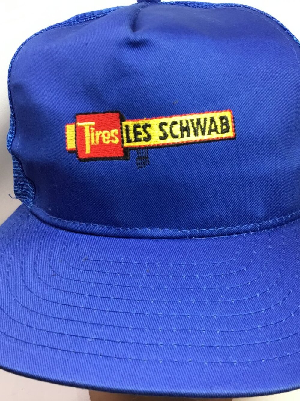 VTG Snapback Trucker Hat Les Schwab Tires Blue Mesh Back Embroidered Tire Tread